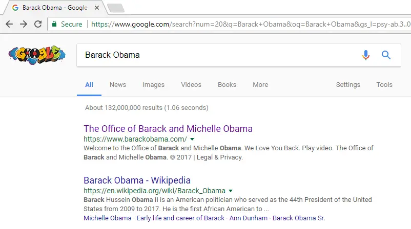 A Google search for Barack Obama.