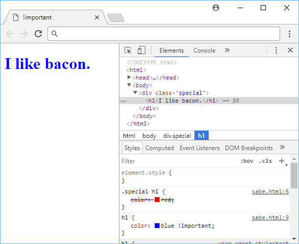 Example of using important in CSS.