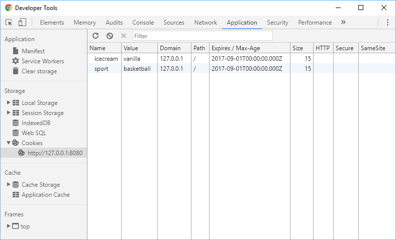 List of cookies in the Application tab.