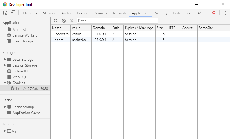 List of cookies in the Application tab.