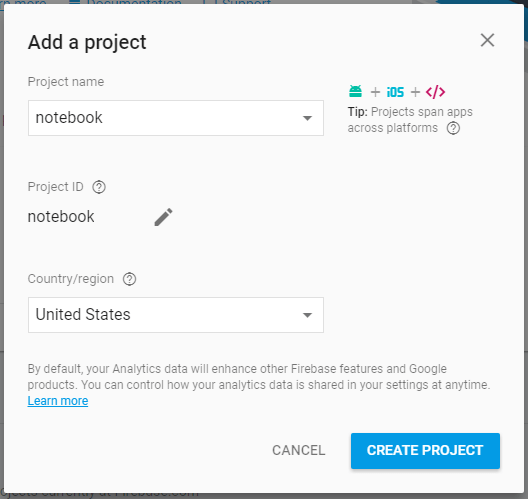 Creating a new project on Firebase.