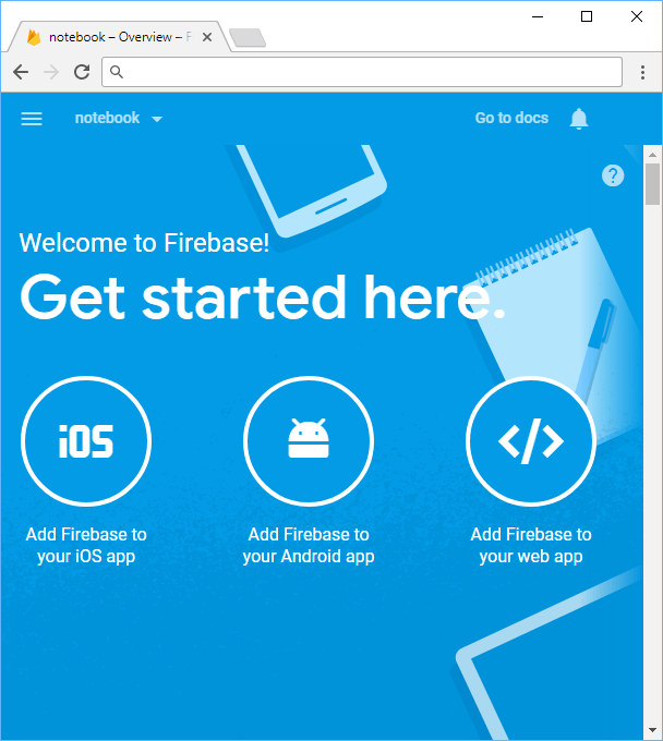 The Firebase project overview page.