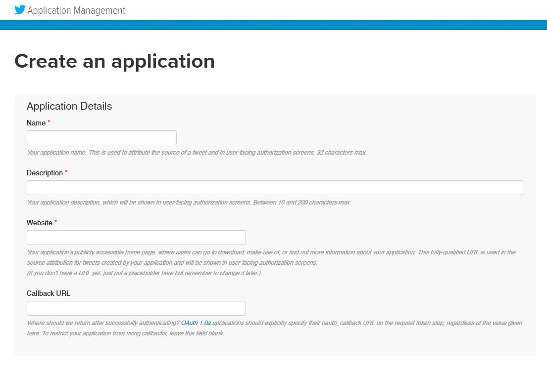 The page where you can create a new Twitter application.