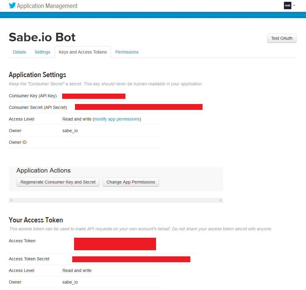 The page where can get your keys and access tokens.