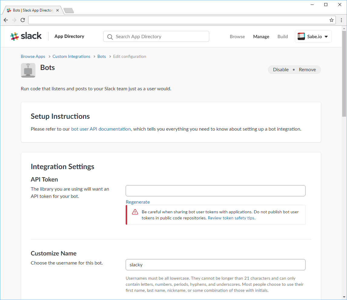 The Slack bot settings page.